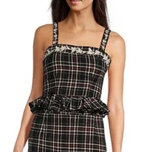 Fanm Mon Tweed Floral Embroidered Square Neckline Tank Strap Peplum Top
